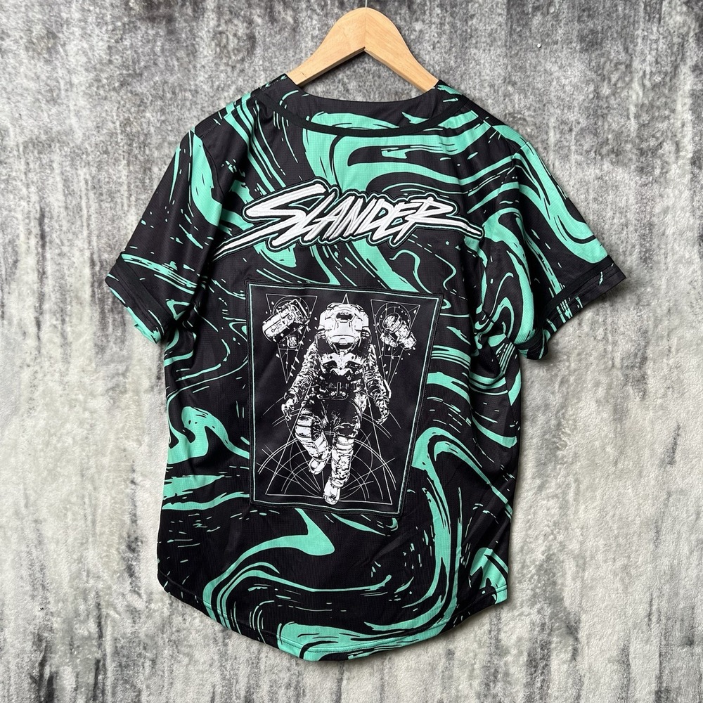 Slander Baseball Jersey Green Black Marble Swirl Astronaut Graphic Mens Small